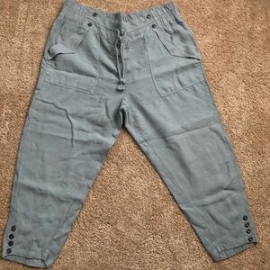 WRAP LONDON 16 womens Linen Pants Crop buttons elastic drawstring dusty blue